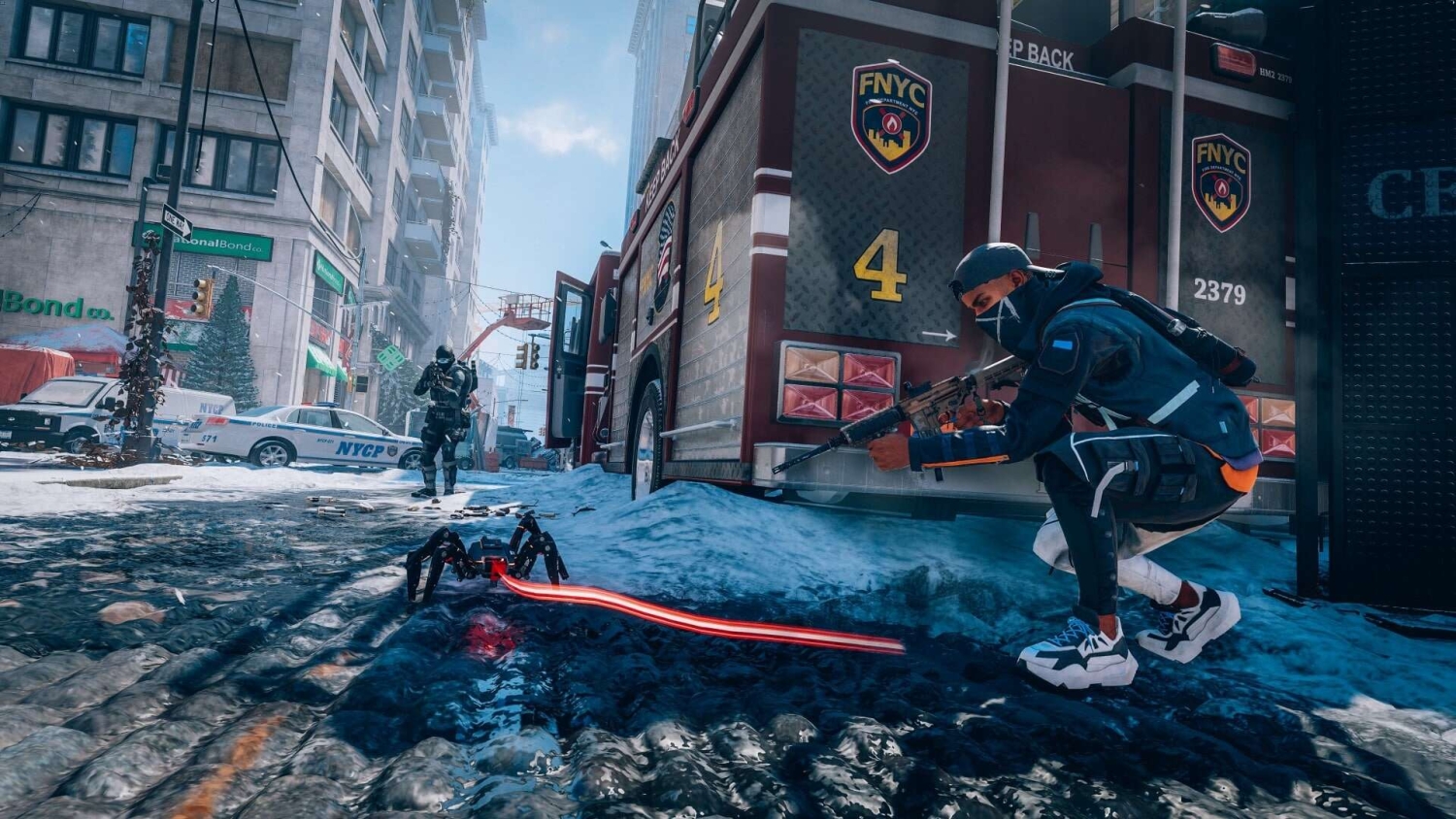Crouching armed character wearing a mask faces a robotic spider emitting a red laser on a snowy urban street
