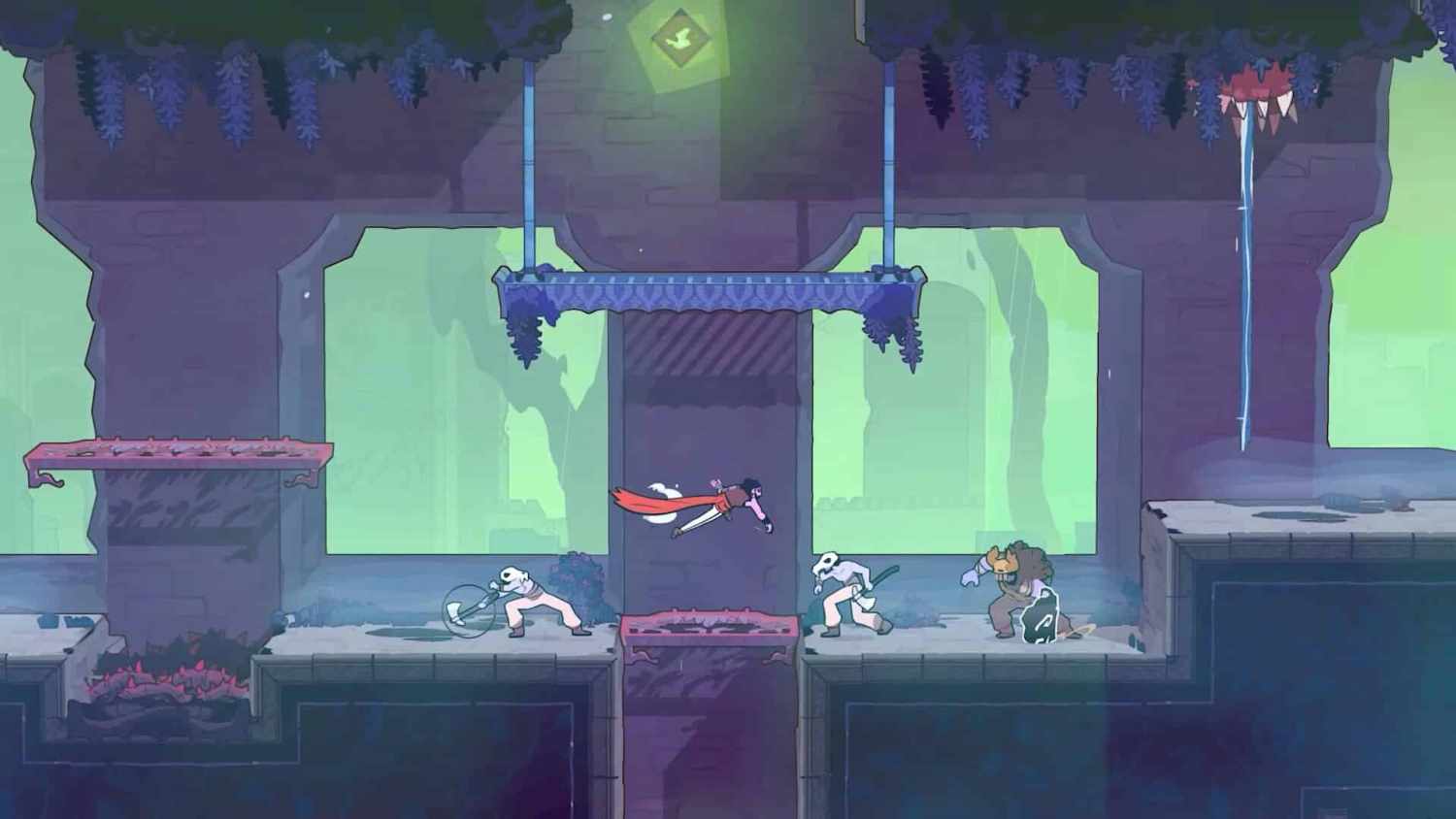 Purple-robed prince leaps across platforms to avoid enemies wielding axes in a side-scrolling game scene