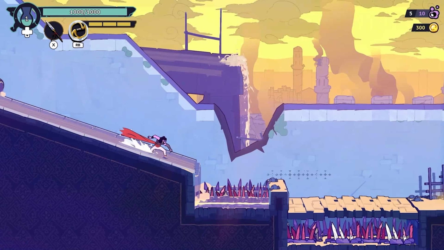 Character with red cape running on a sloped platform over spikes in a colourful side-scrolling game level