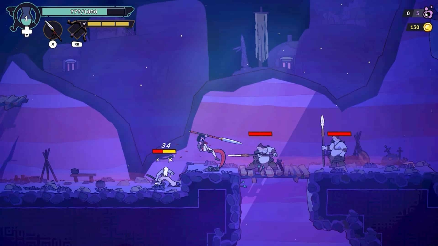 Purple-clad prince fighting three armed enemies on a rocky bridge at night in a cartoon-style game