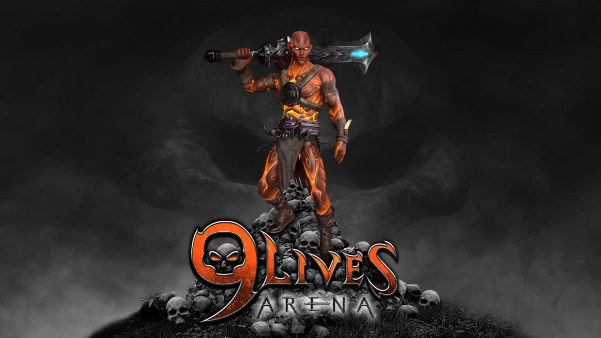 Armoured fiery warrior holding large sword stands on pile of skulls with 9Lives Arena logo beneath