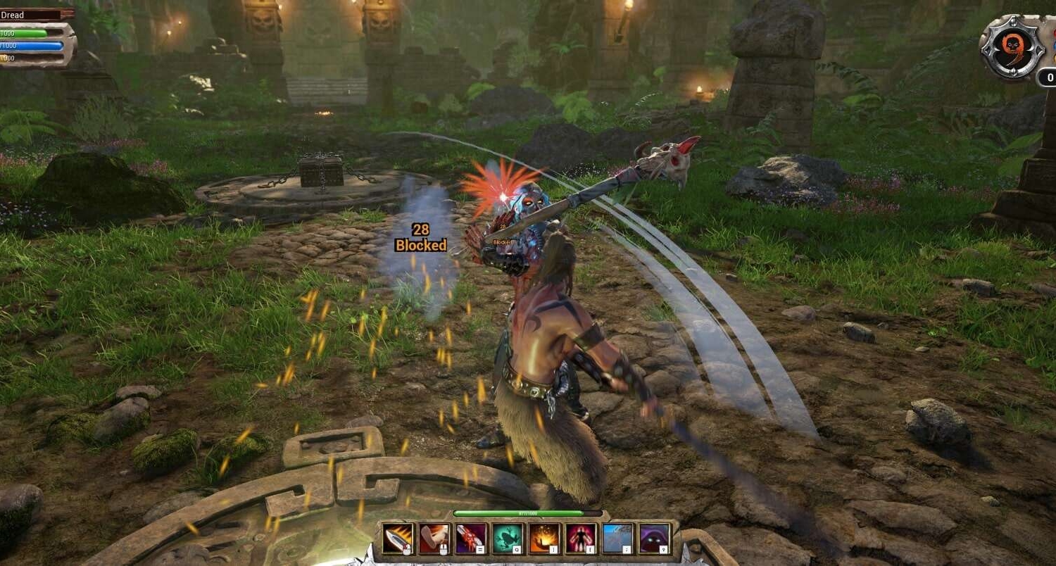 Two warriors clash with weapons surrounded by greenery and ancient stone statues in an open arena