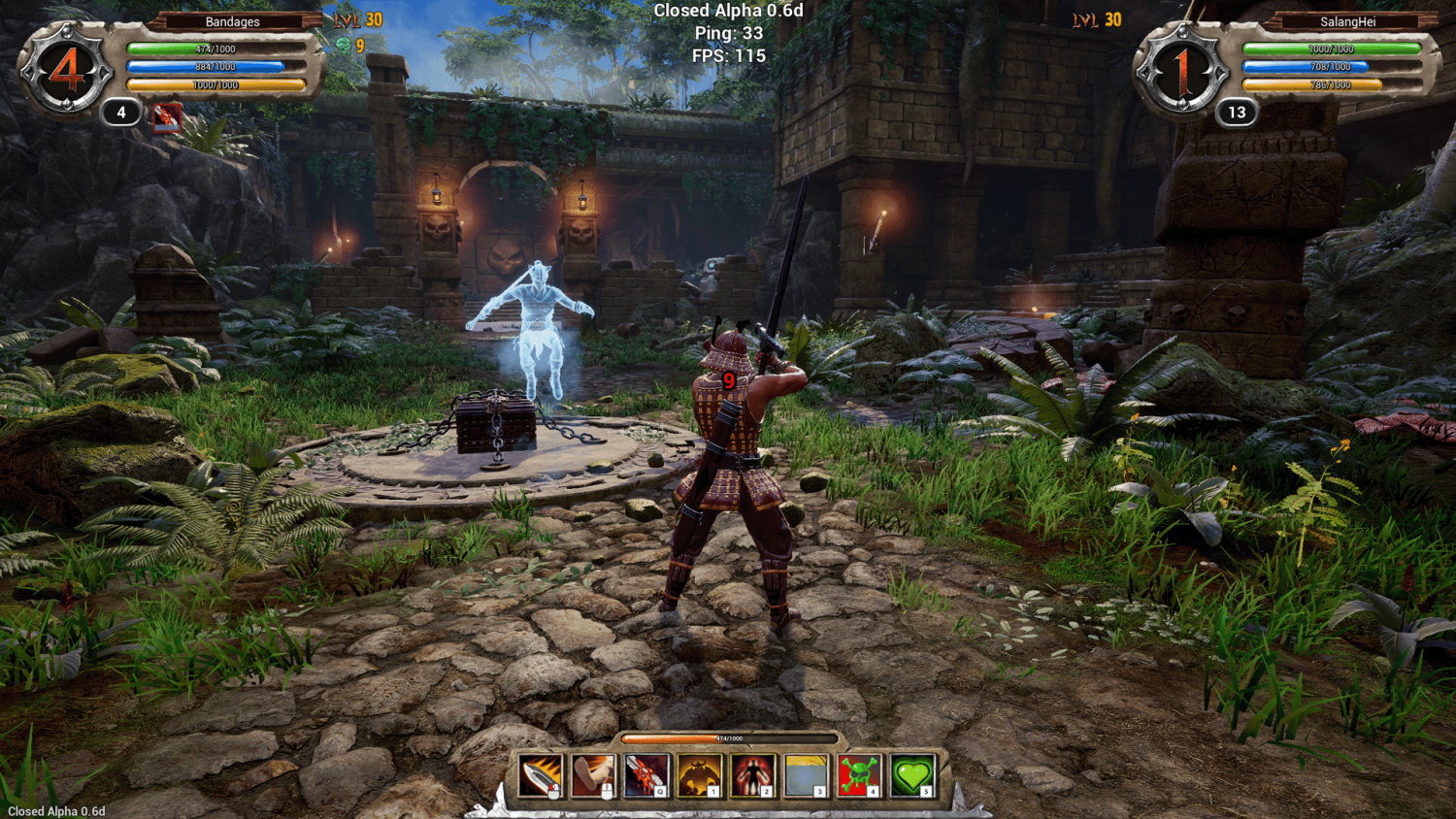 Samurai character aiming sword at a glowing humanoid figure in a ruined stone arena with greenery