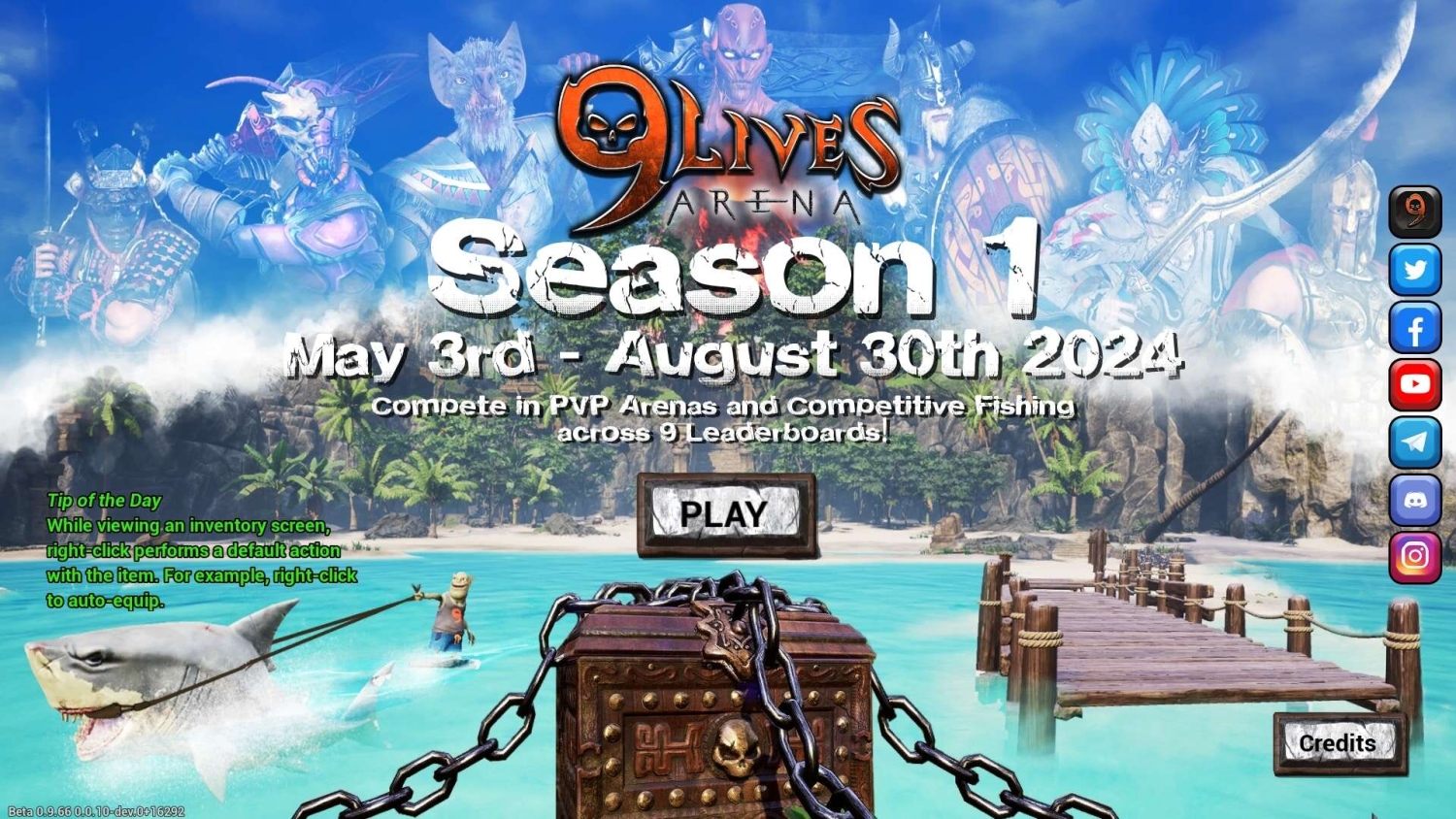 Start screen for 9Lives Arena Season 1 showing fantasy characters, chained chest, tropical beach and pier