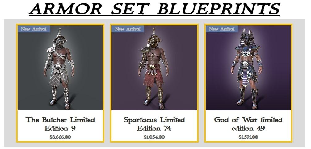 Three digital armour set blueprints named The Butcher, Spartacus, and God of War with prices and 'New Arrival' tags