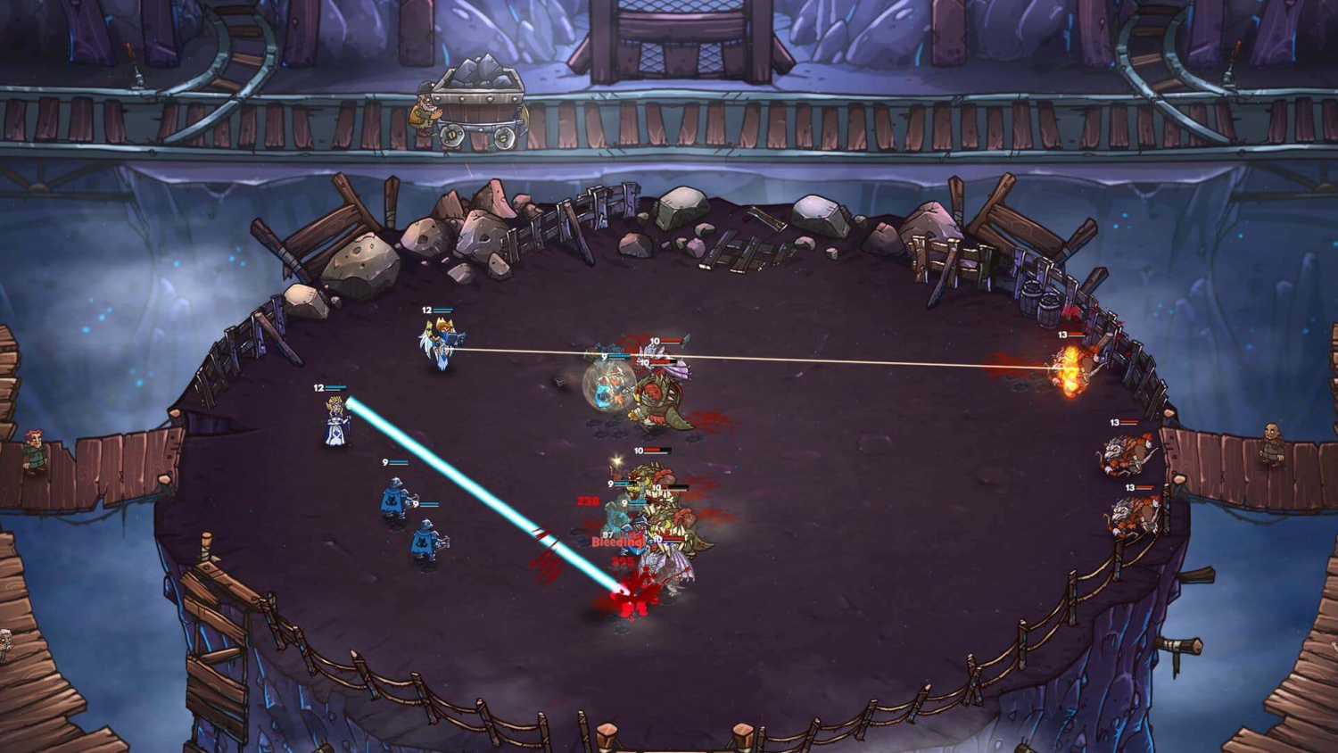 Top-down view of a multiplayer arena battle with characters shooting blue and orange lasers at opponents