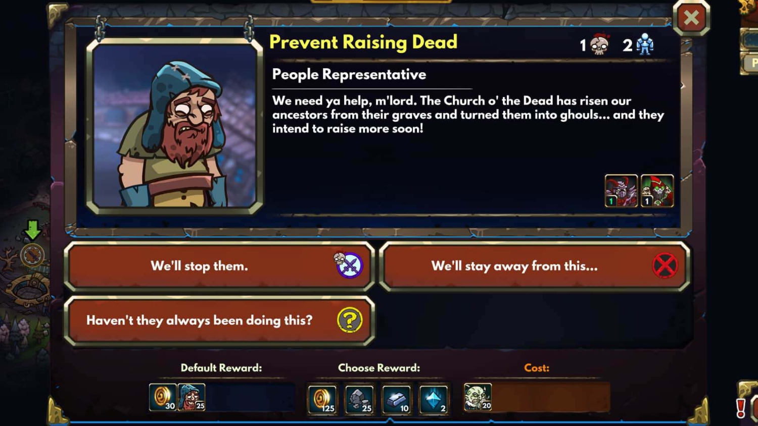 Quest dialogue screen showing Prevent Raising Dead mission with character portrait and player choice options