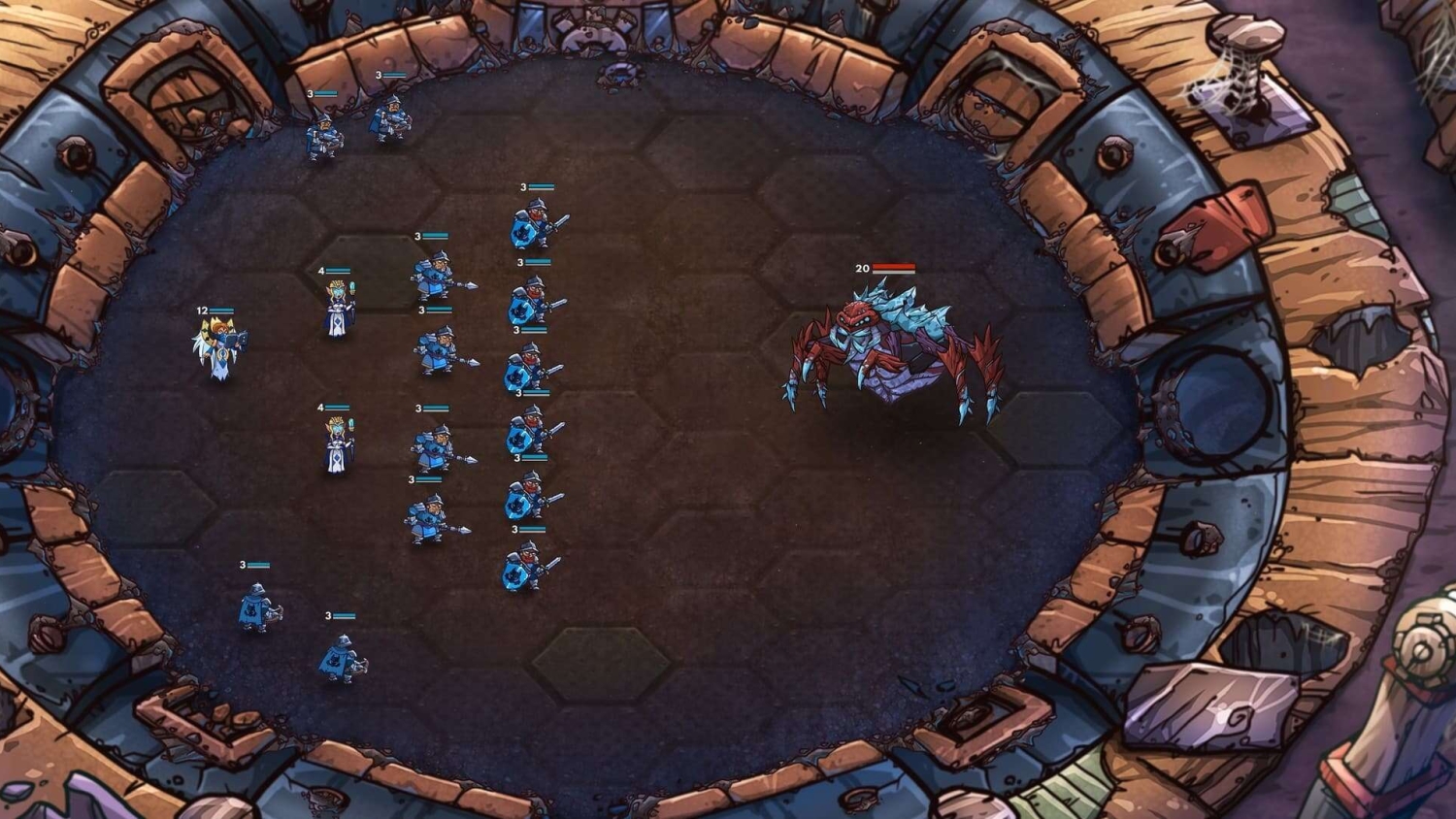 Blue-armoured warriors arrayed on left side hexagonal arena facing a large red crab-like enemy on right