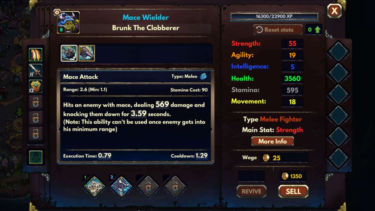Stats and attack details for Brunk The Clobberer, a melee fighter with strength, agility, intelligence, health, stamina, and movement values