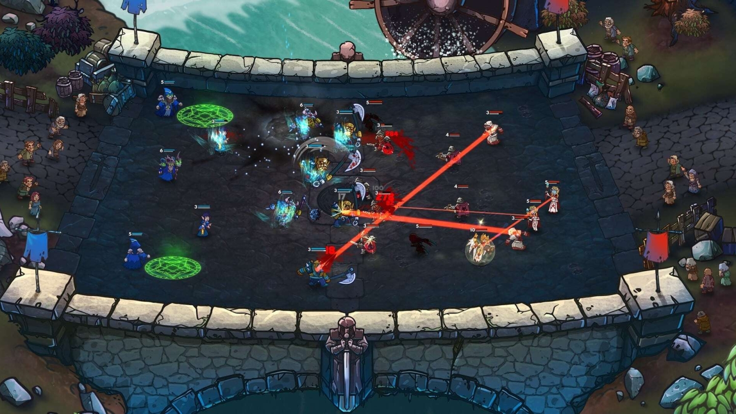 Top-down view of a medieval arena with warriors casting spells and firing red energy beams during a battle