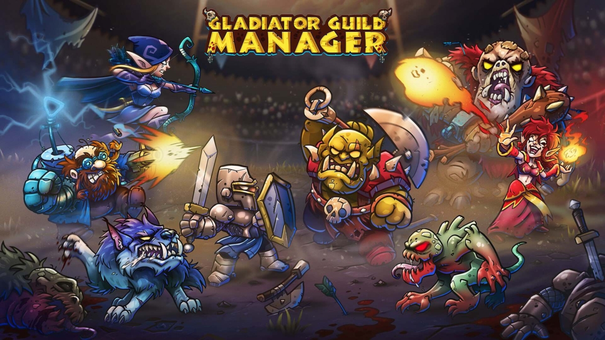 Cartoon characters including a knight, an orc, a blue wolf, and spellcasters battling in an arena