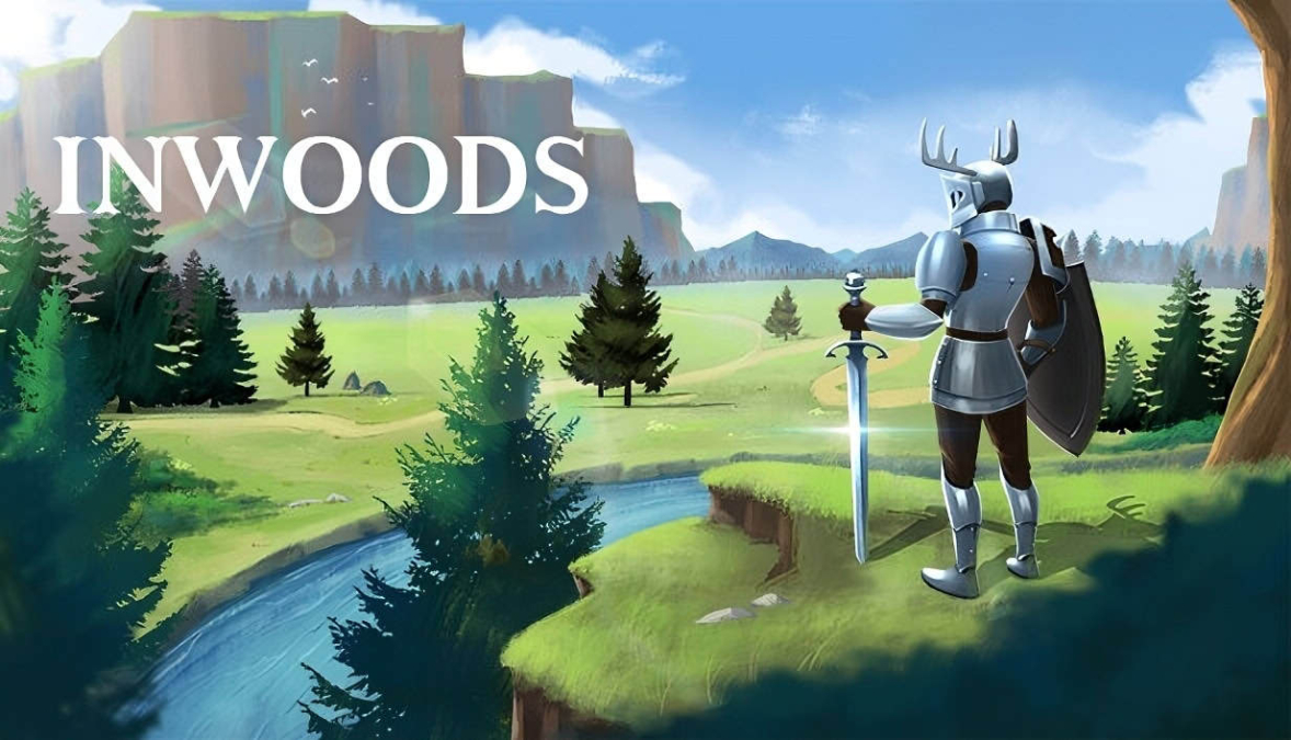 Armoured knight with sword and shield overlooking river and forest plains under clear sky