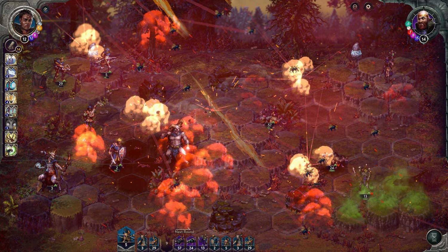 Turn-based combat on a hexagonal grid showing explosions and diverse fantasy characters in woodland terrain