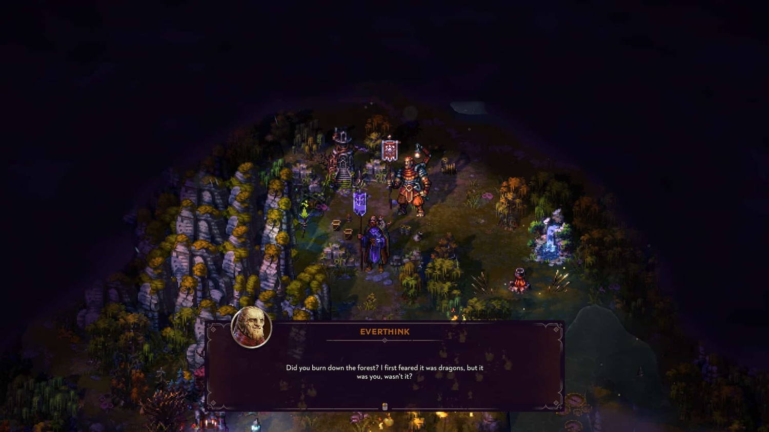 Pixel-art style forested map in fantasy strategy game with characters and a dialogue box about burning the forest