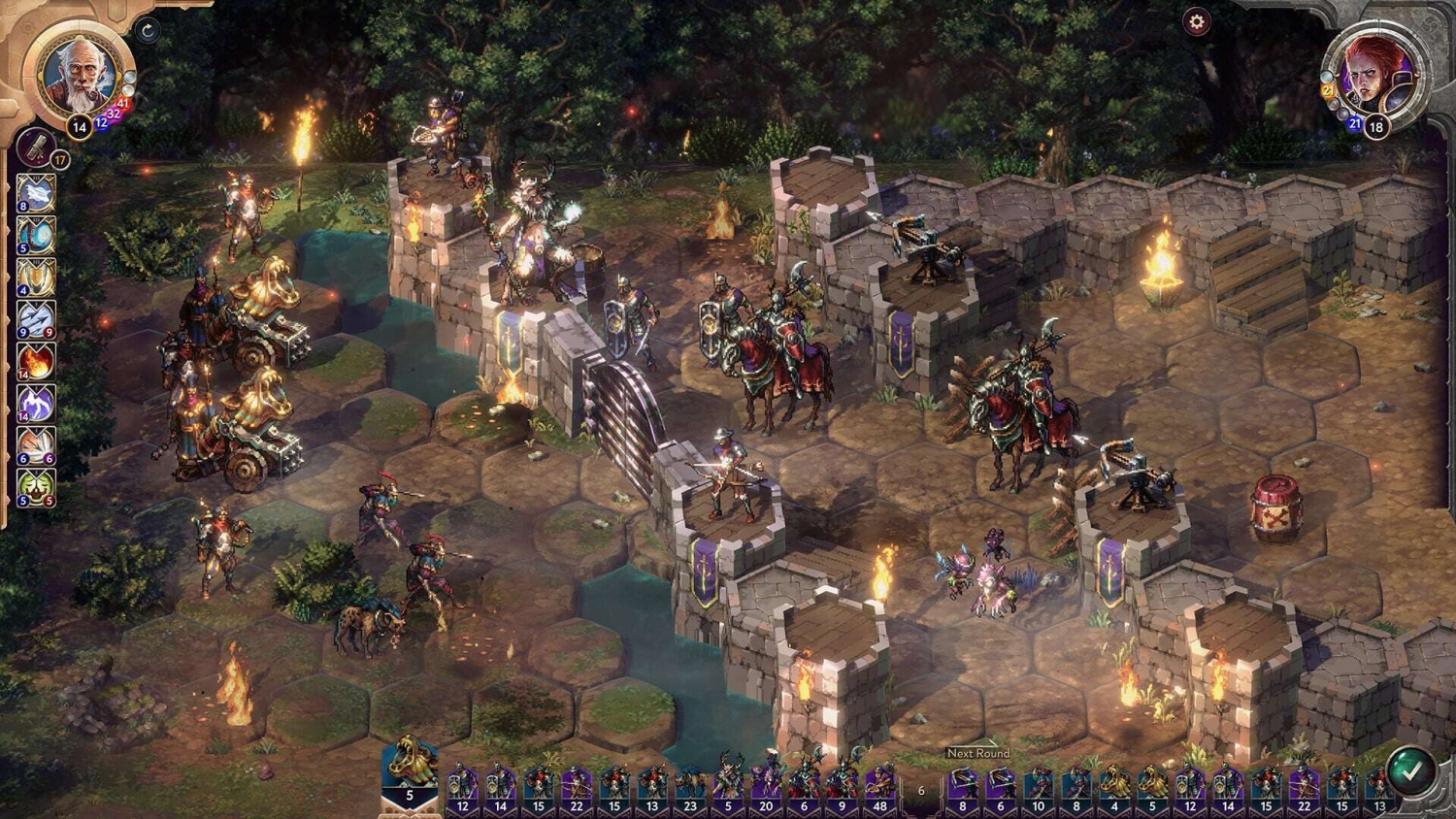 Turn-based strategy battle on hexagonal grid with warriors, catapults, and magical units defending a castle wall