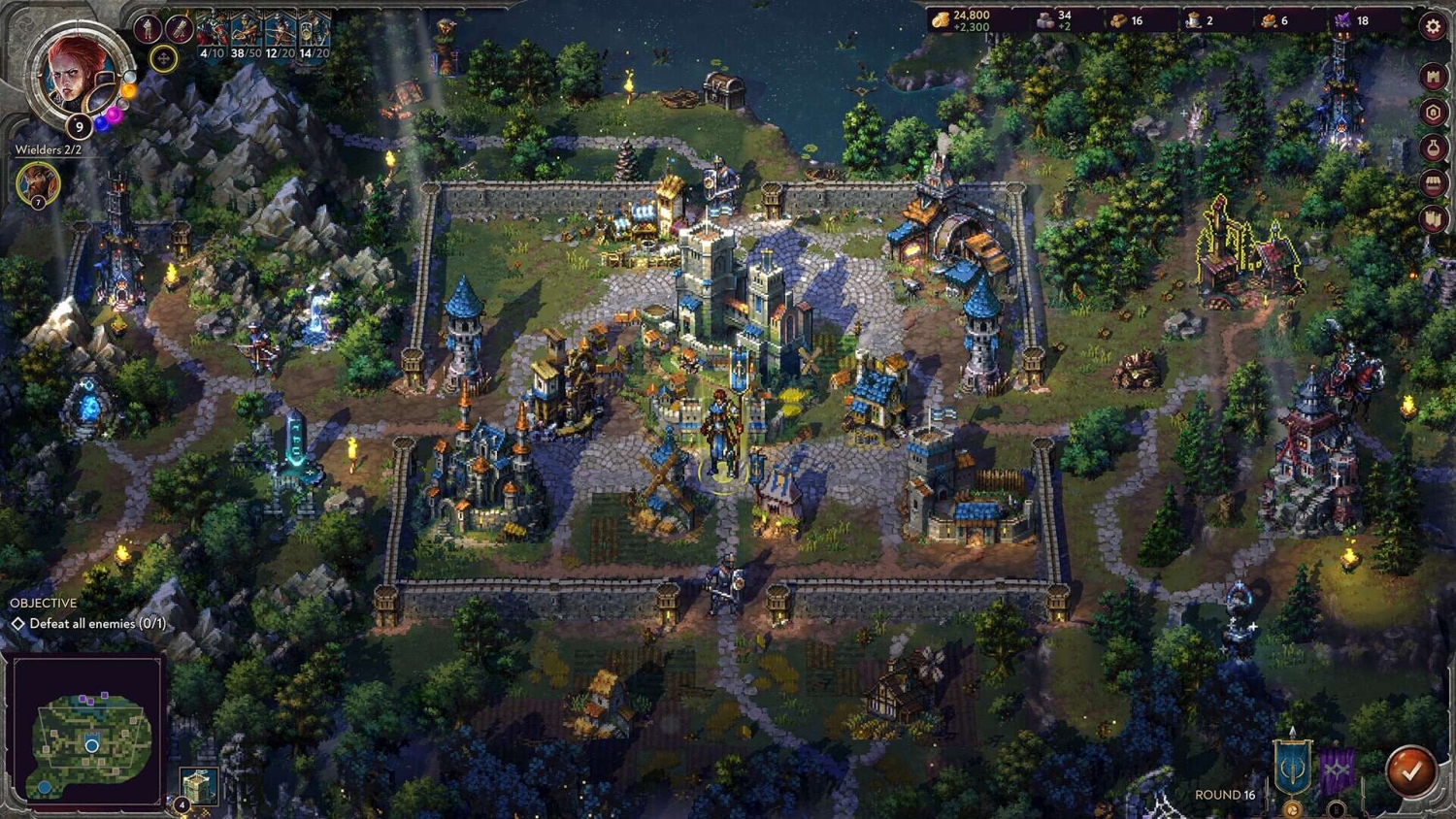 Isometric view of a fortified medieval town with towers, walls, various buildings, and characters in a fantasy strategy game