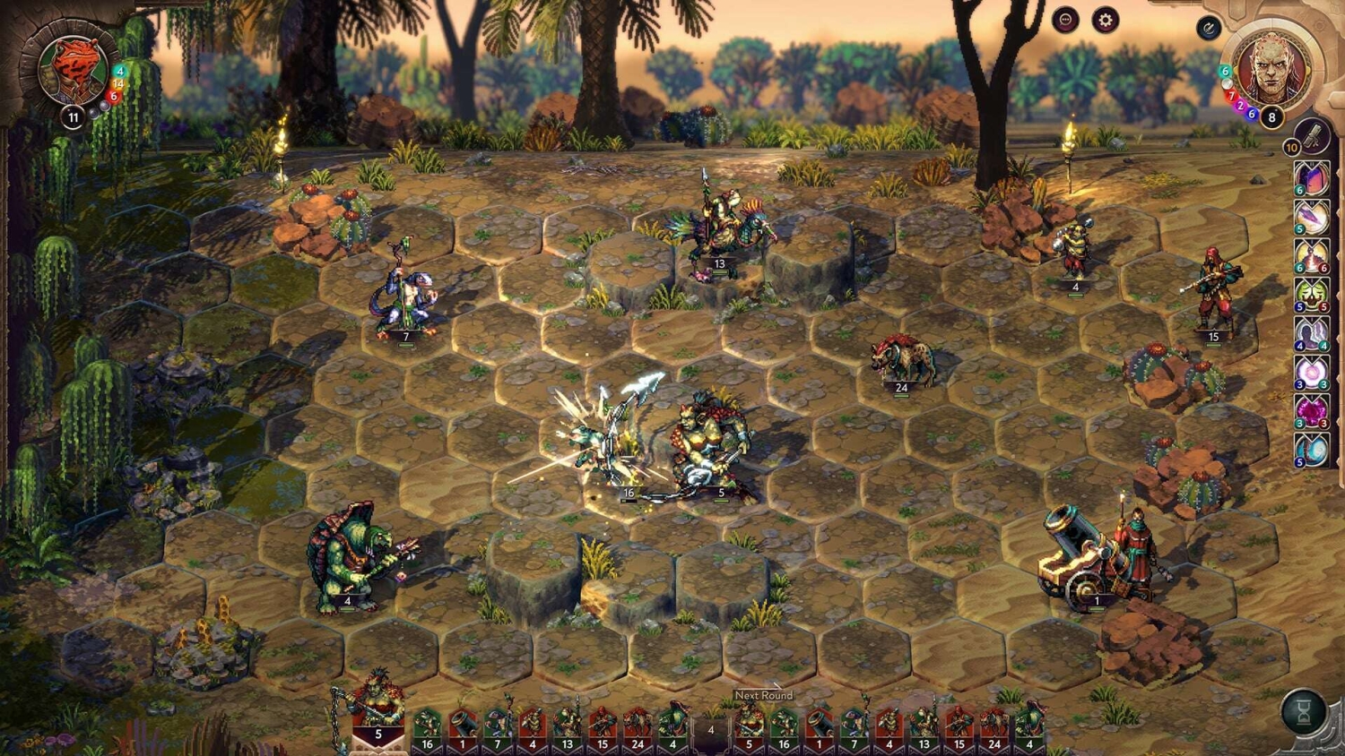 Hexagonal tactical battle map with fantasy units fighting in a jungle environment, showing health stats and action menus