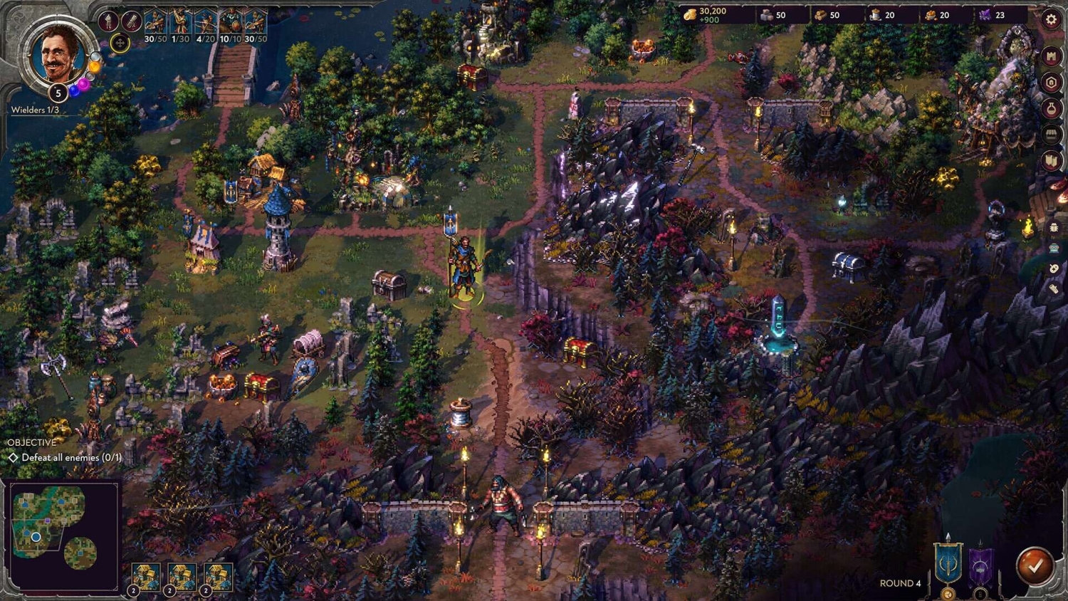 Fantasy strategy game battlefield with characters, pathways, treasure chests, and mountainous terrain at dusk