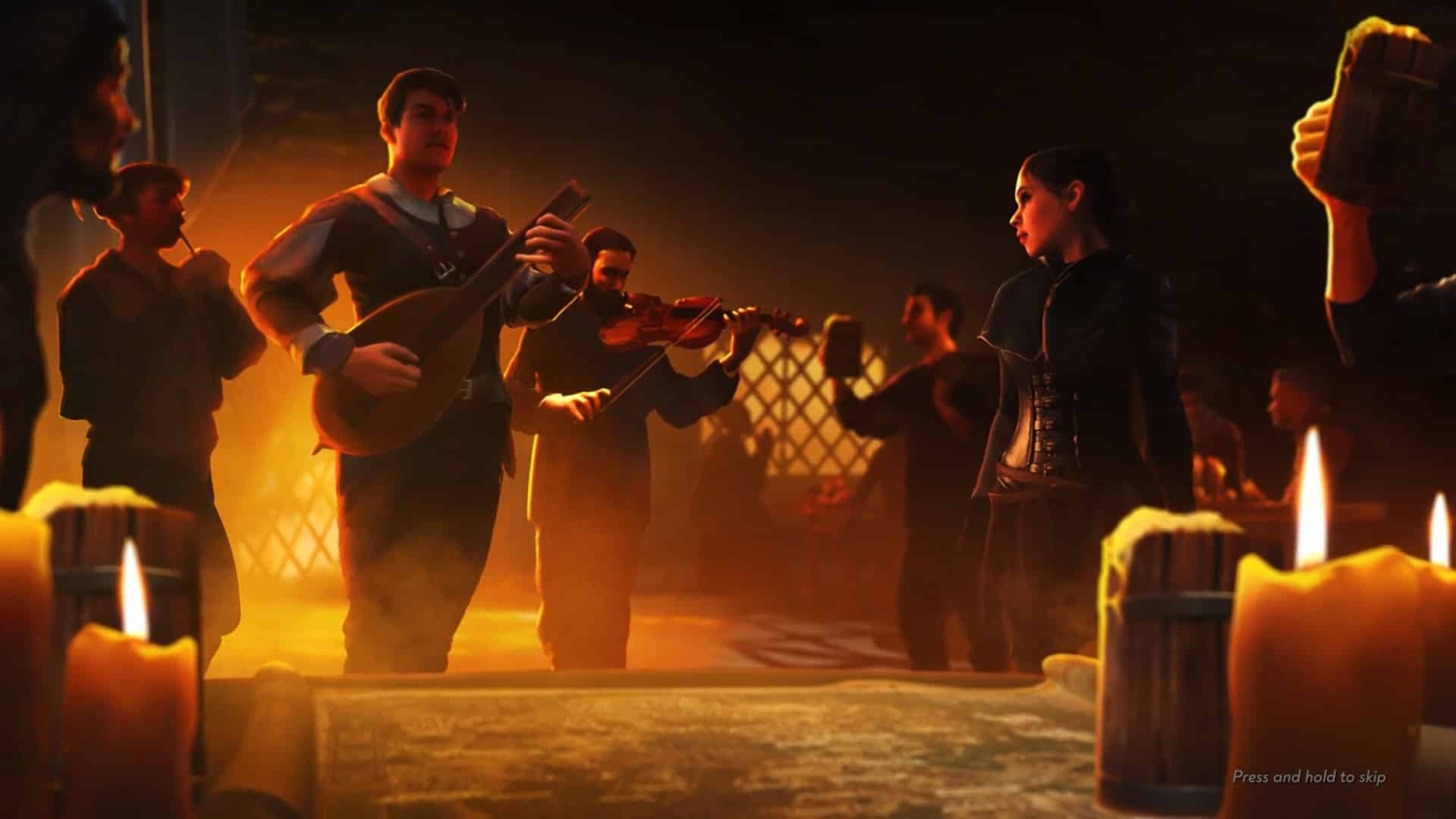 Musicians playing lute and violin in a dimly lit medieval tavern with patrons drinking and a woman in black attire