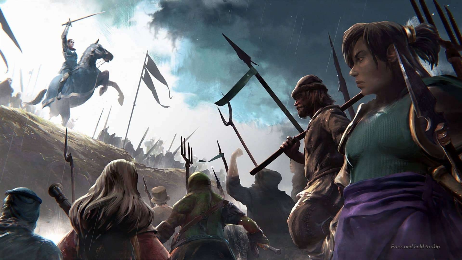 A mounted fighter raises a sword to rally armed villagers and warriors under stormy skies in a tense standoff