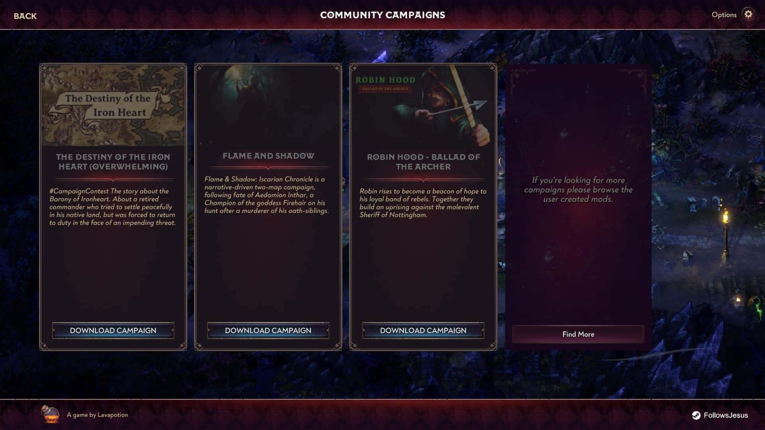 Menu screen showing three downloadable community campaigns for Songs of Conquest titled The Destiny of the Iron Heart, Flame and Shadow, and Robin Hood - Ballad of the Archer