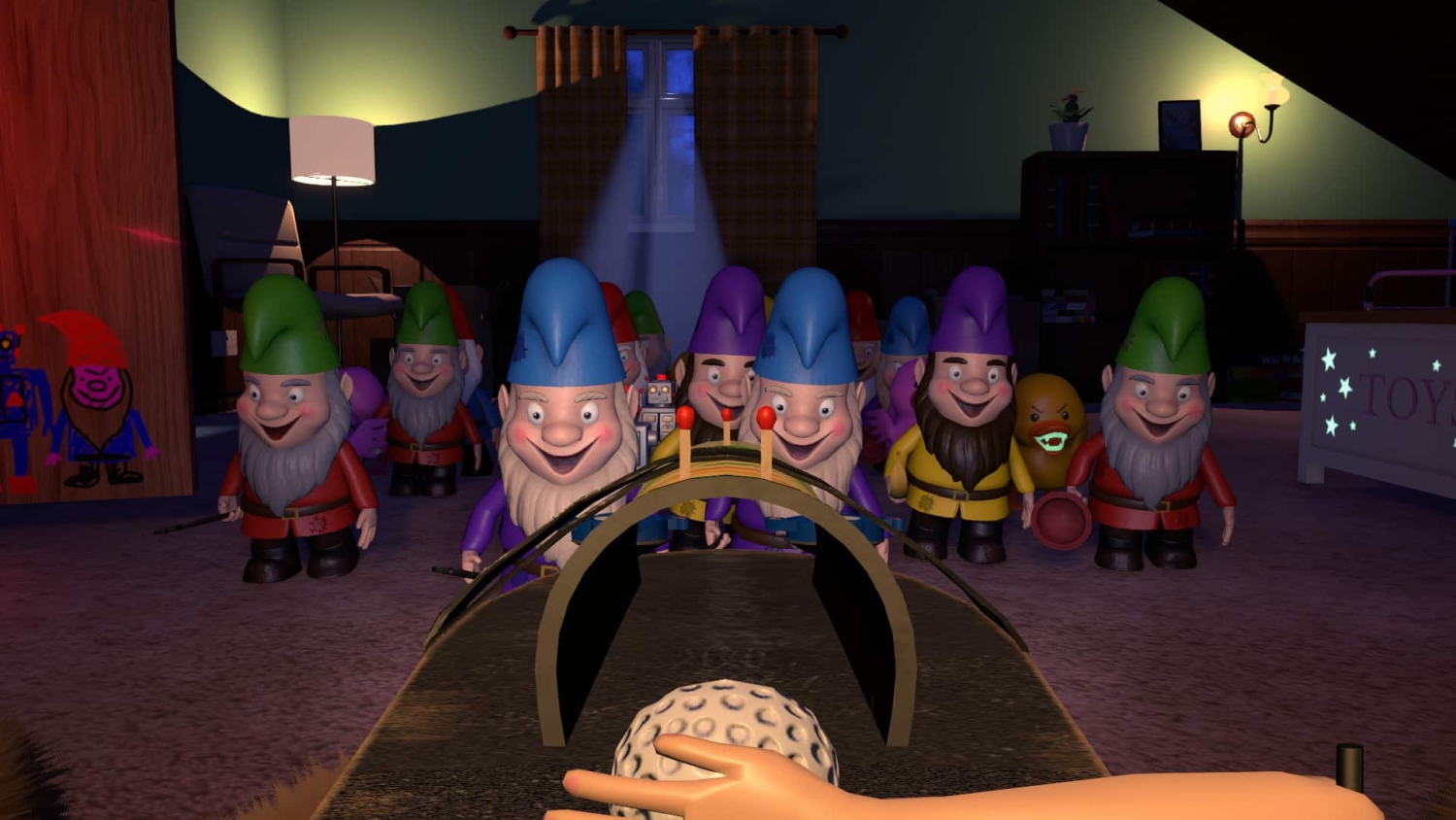 First-person view aiming a toy golf ball at arched ramp with garden gnome toys lined up in a dimly lit room
