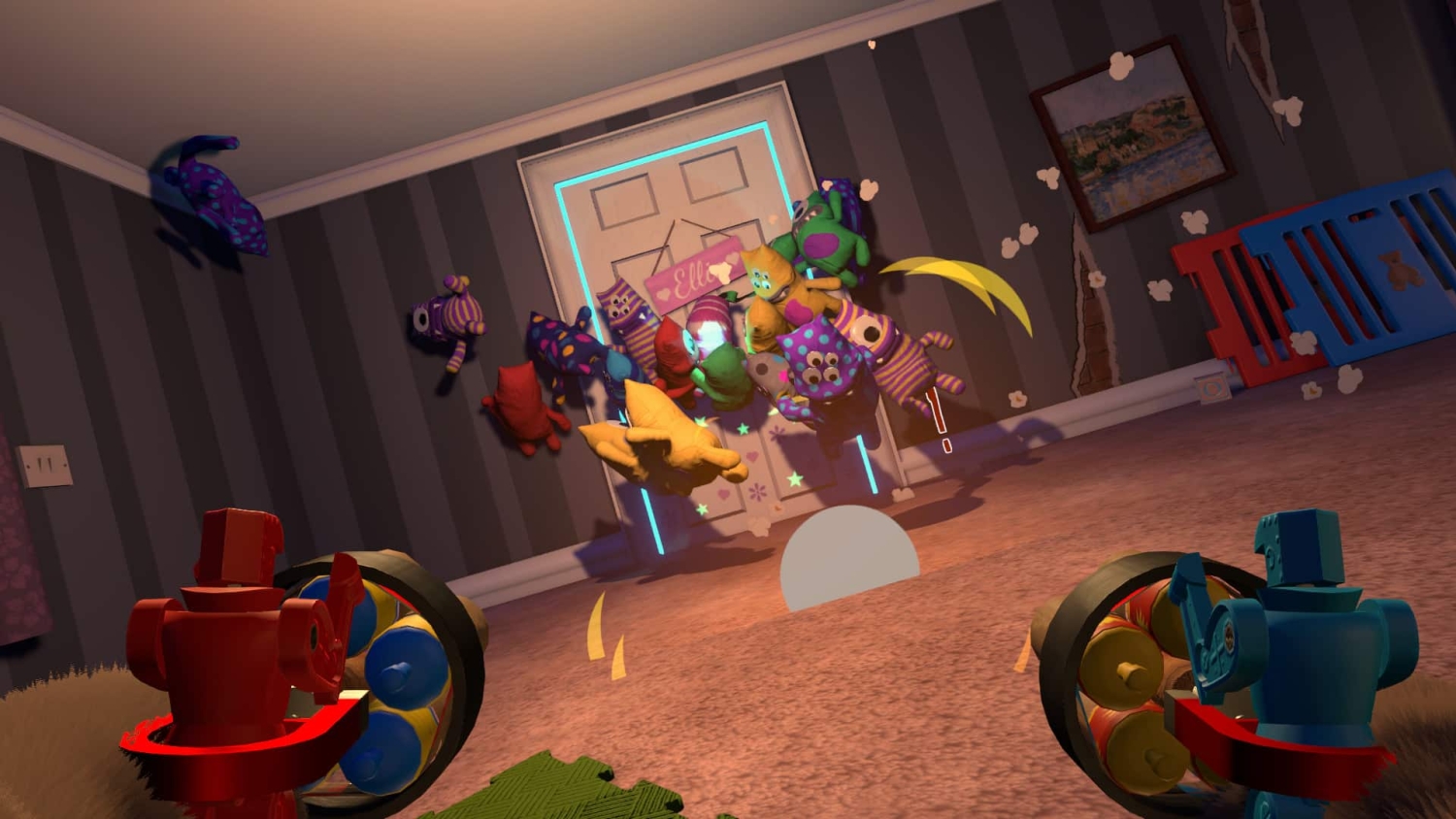 First-person view of two colourful toy robots aiming at flying colourful stuffed toys in a carpeted child's bedroom