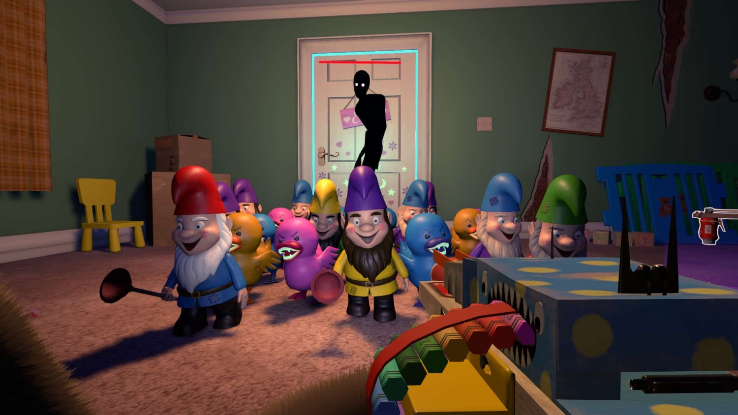 Toy garden gnomes and rubber ducks confronting a glowing-eyed shadow figure in a dimly lit room