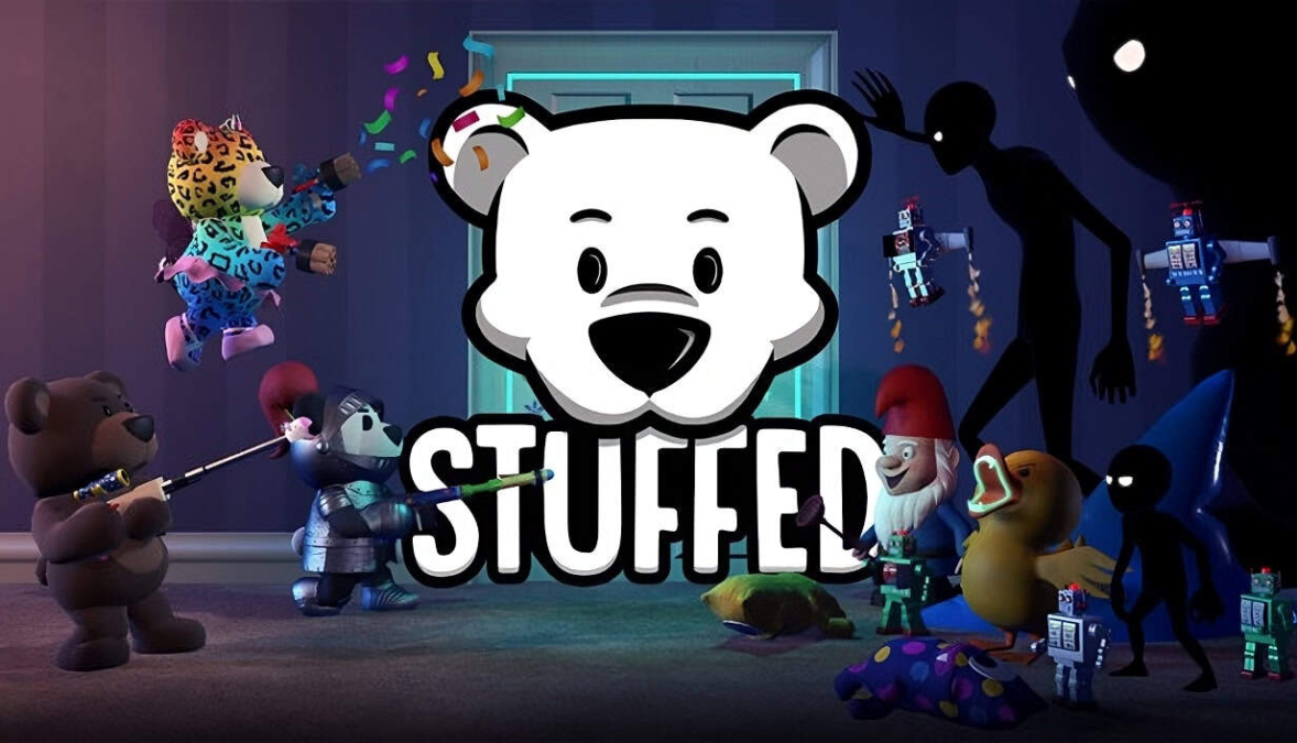 Various animated characters including teddy bears, garden gnomes, rubber duck, and shadowy figures facing a door with a polar bear logo above the text Stuffed