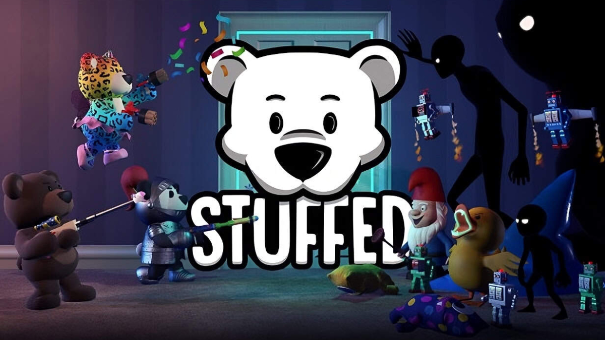 Various animated characters including teddy bears, garden gnomes, rubber duck, and shadowy figures facing a door with a polar bear logo above the text Stuffed