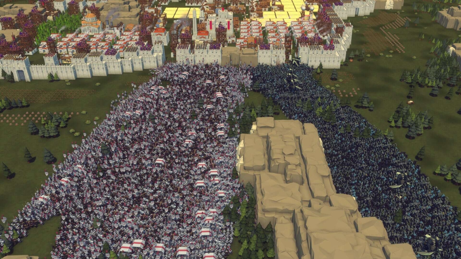 Thousands of soldiers clashing outside a fortified medieval-style castle in a large-scale strategy game battle