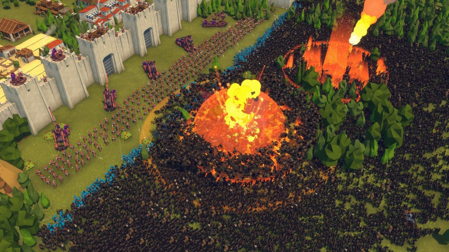 Large armies clashing outside a fortress with explosions and soldiers in formation