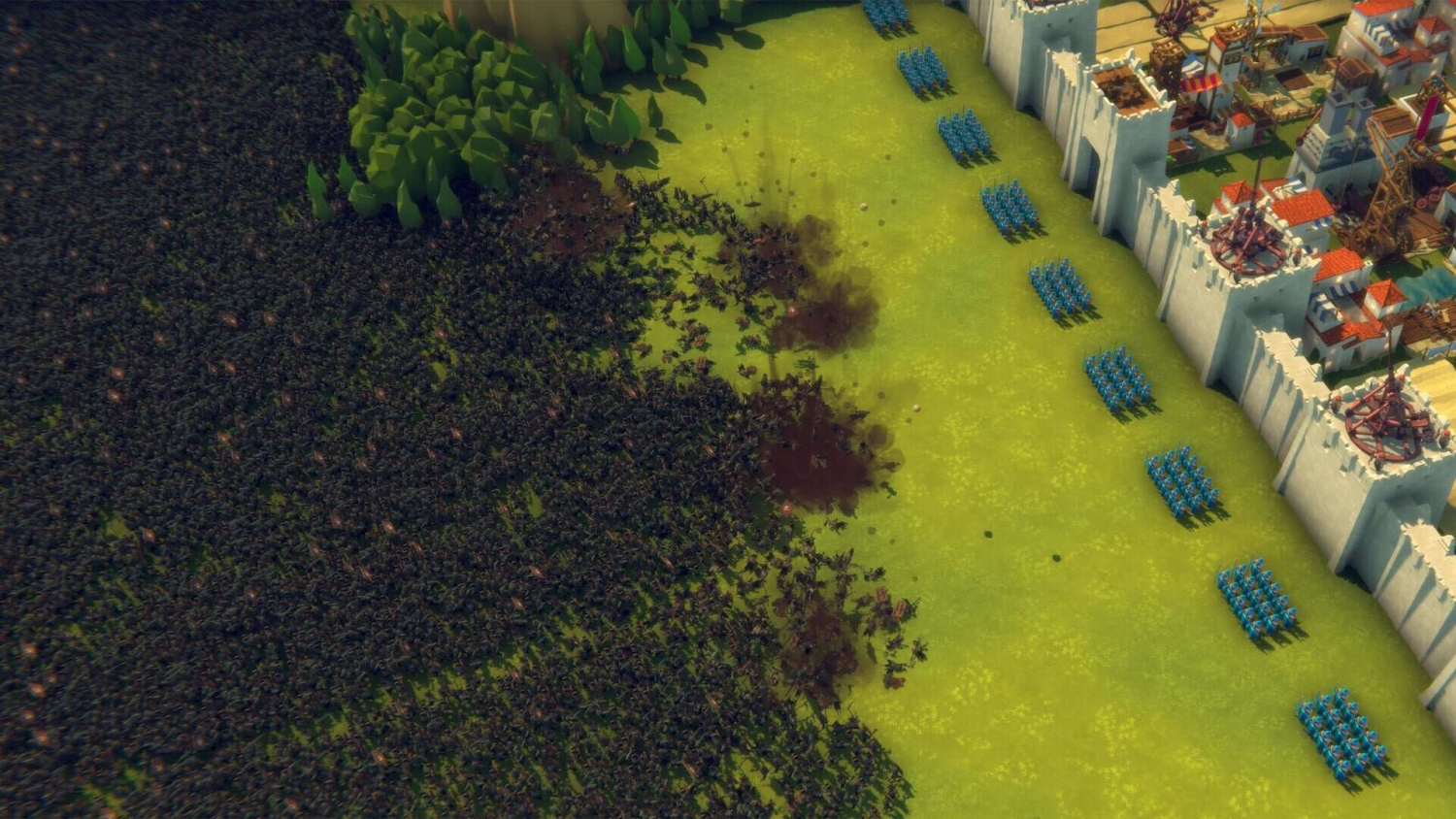 Large horde of dark figures attacking a fortified city defended by organised troops in blue armour