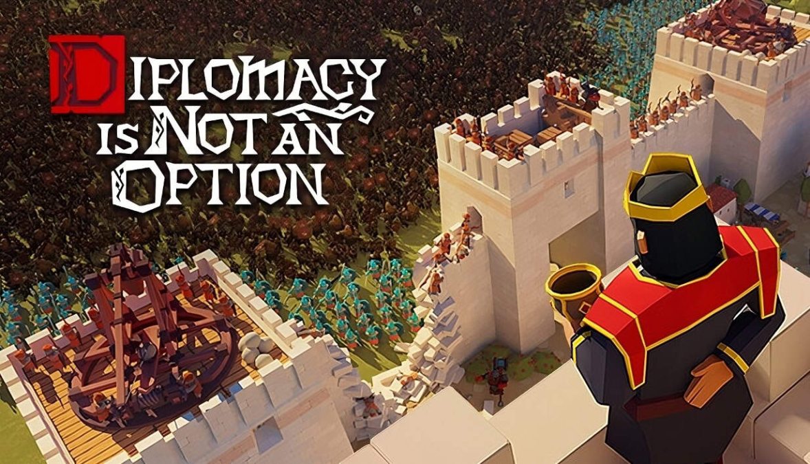 Overhead view of a castle siege with soldiers defending walls against hordes of enemies in a strategy game