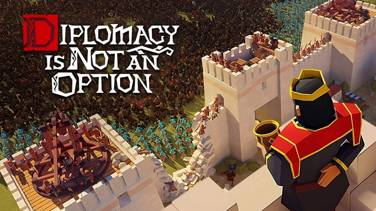 Overhead view of a castle siege with soldiers defending walls against hordes of enemies in a strategy game