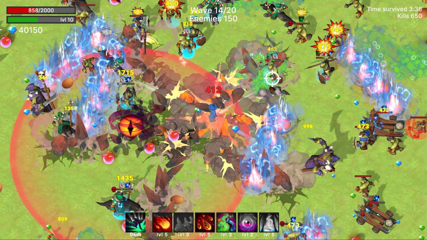 Top-down view of fantasy action game showing player surrounded by multiple enemies and spell effects