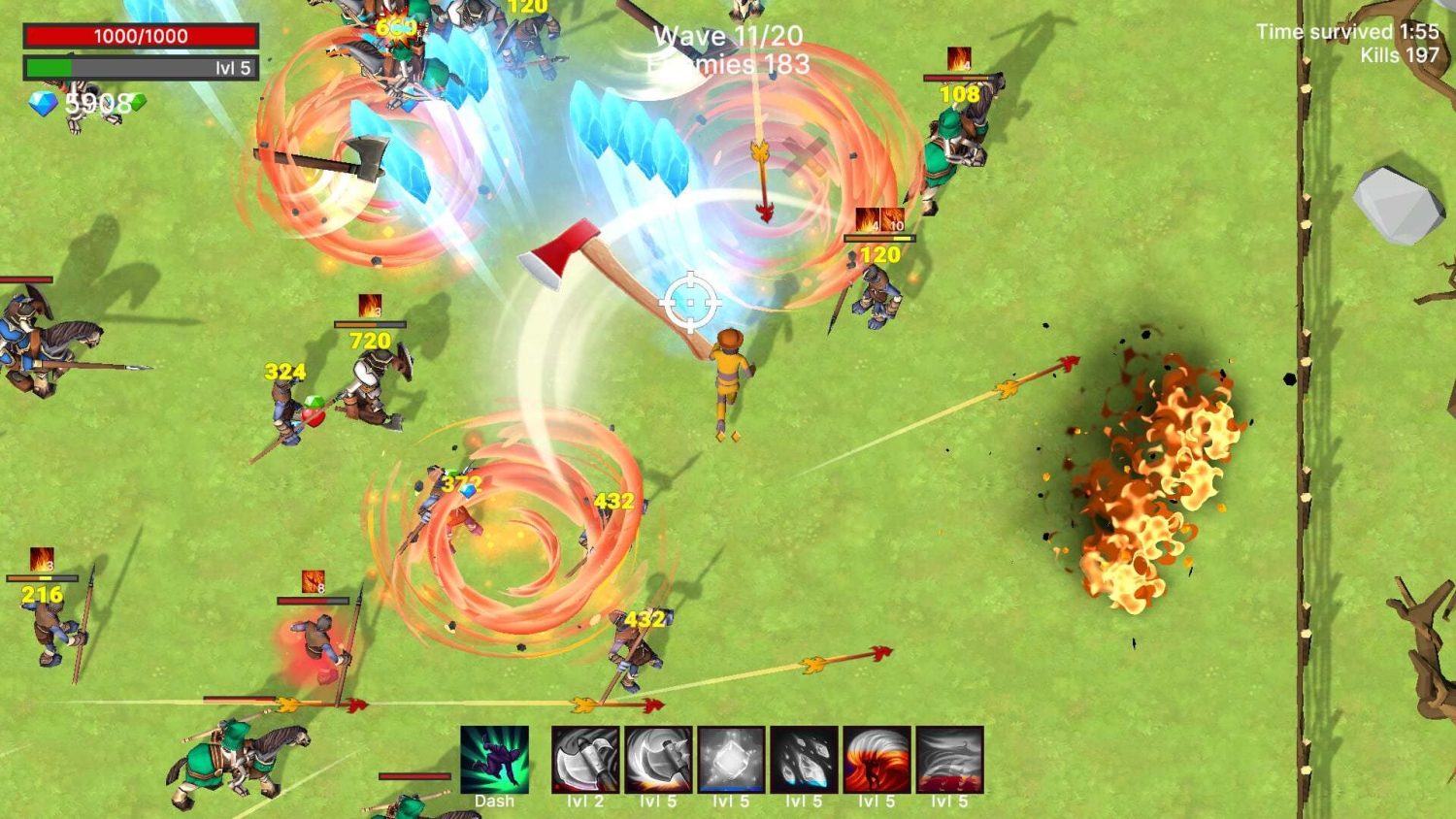 Top-down view of a character swinging a large axe against multiple enemies in a green field with health bars and damage numbers visible