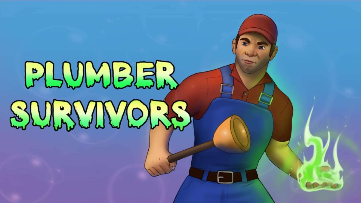 Illustrated man wearing blue overalls and a red cap holding a plunger with green flames emanating from his other hand
