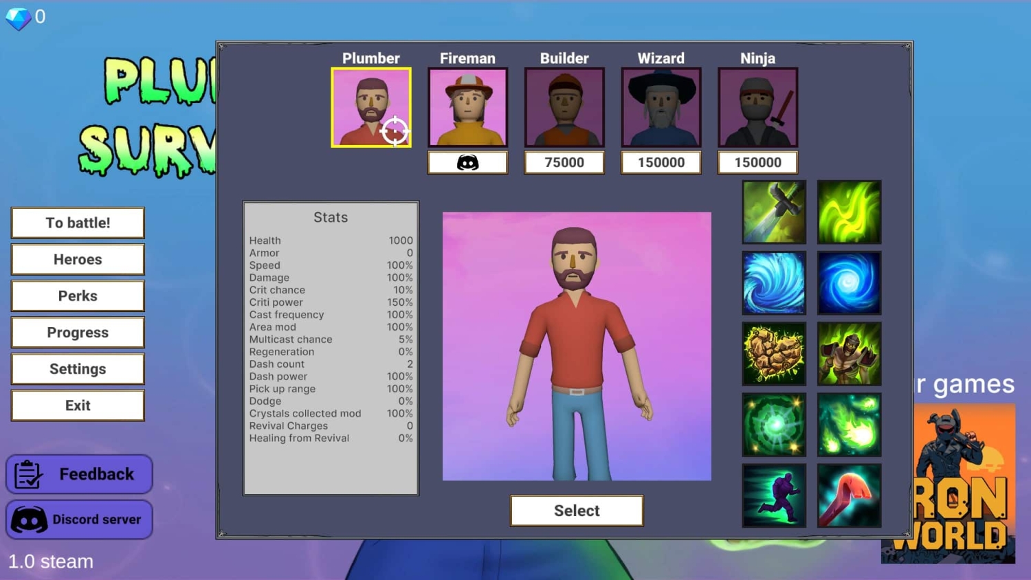 Game screen showing character selection with five blocky avatars and stats for each