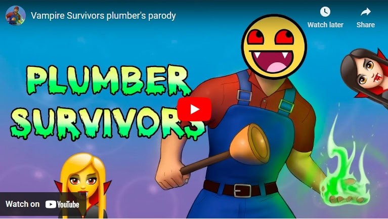 Cartoon plumber holding a plunger in one hand and a green flame in the other, with vampire characters nearby and a green spooky font reading Plumber Survivors