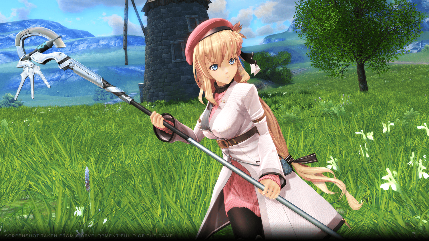 Young woman in a pink and white outfit holding a high-tech staff in a lush green field near a stone tower