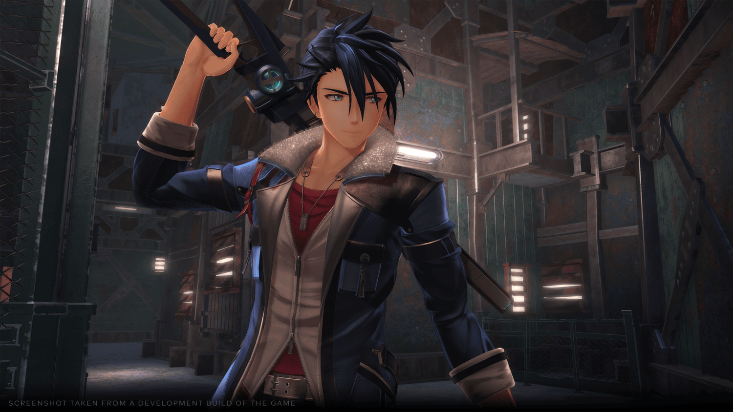 Male character holding a large sword over his shoulder in a dimly lit industrial interior