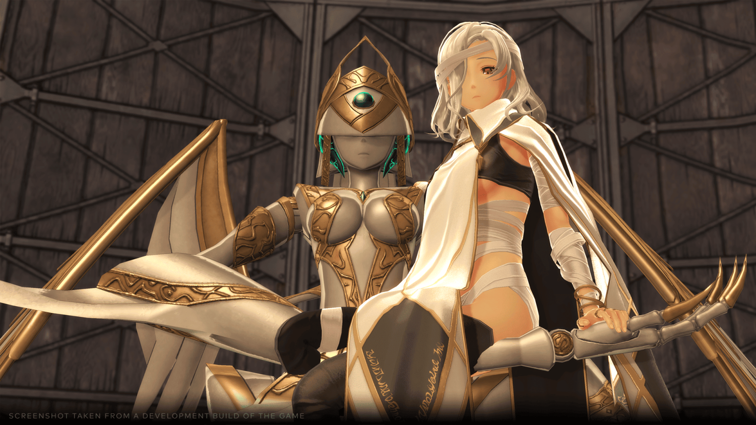 Two detailed female figures in a richly decorated metallic hall, one in gold armour with a helmet and the other with white hair and a black and white outfit