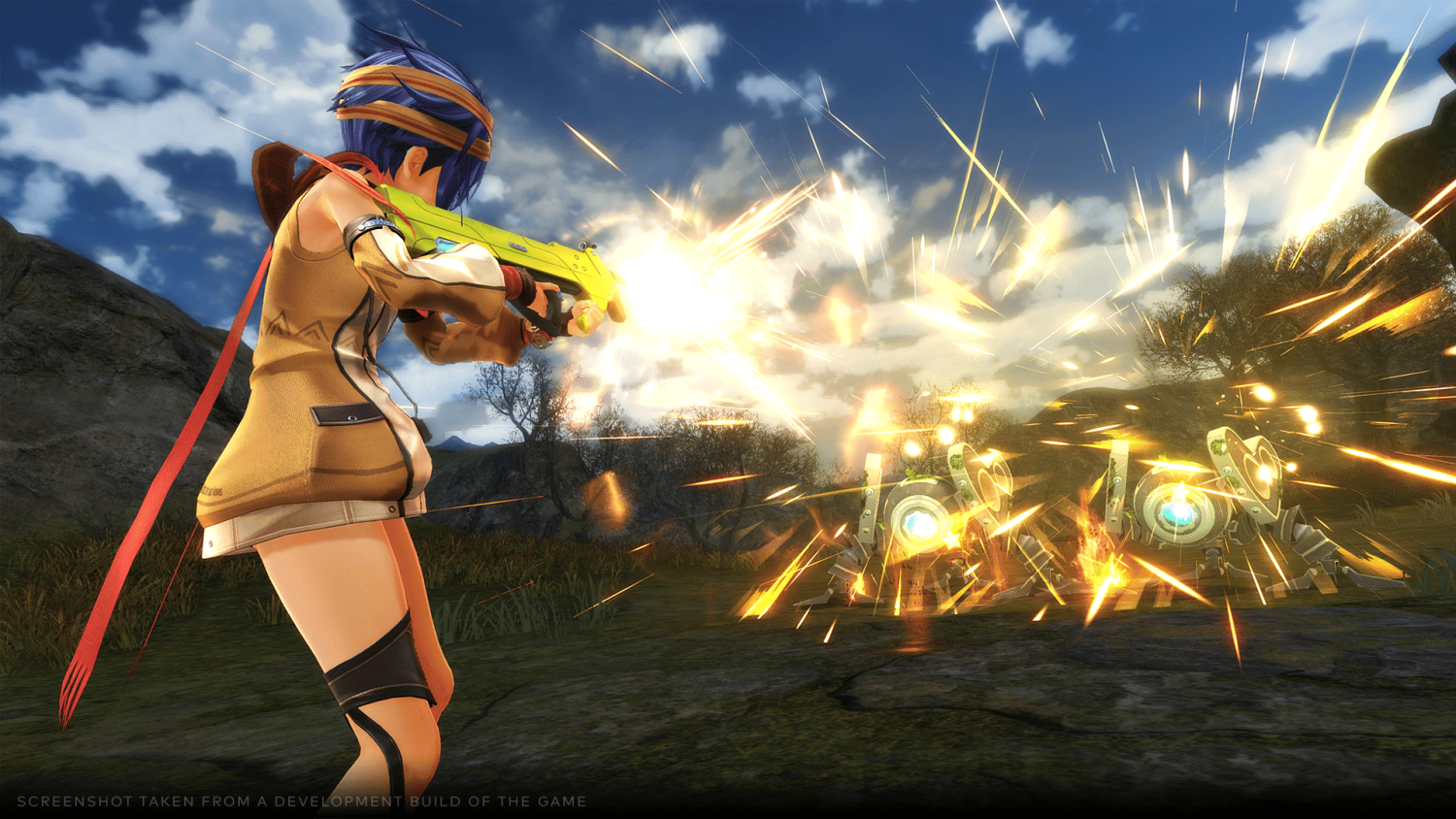 Character in tan jacket firing bright yellow gun at two small robotic enemies among sparks and explosions outdoors