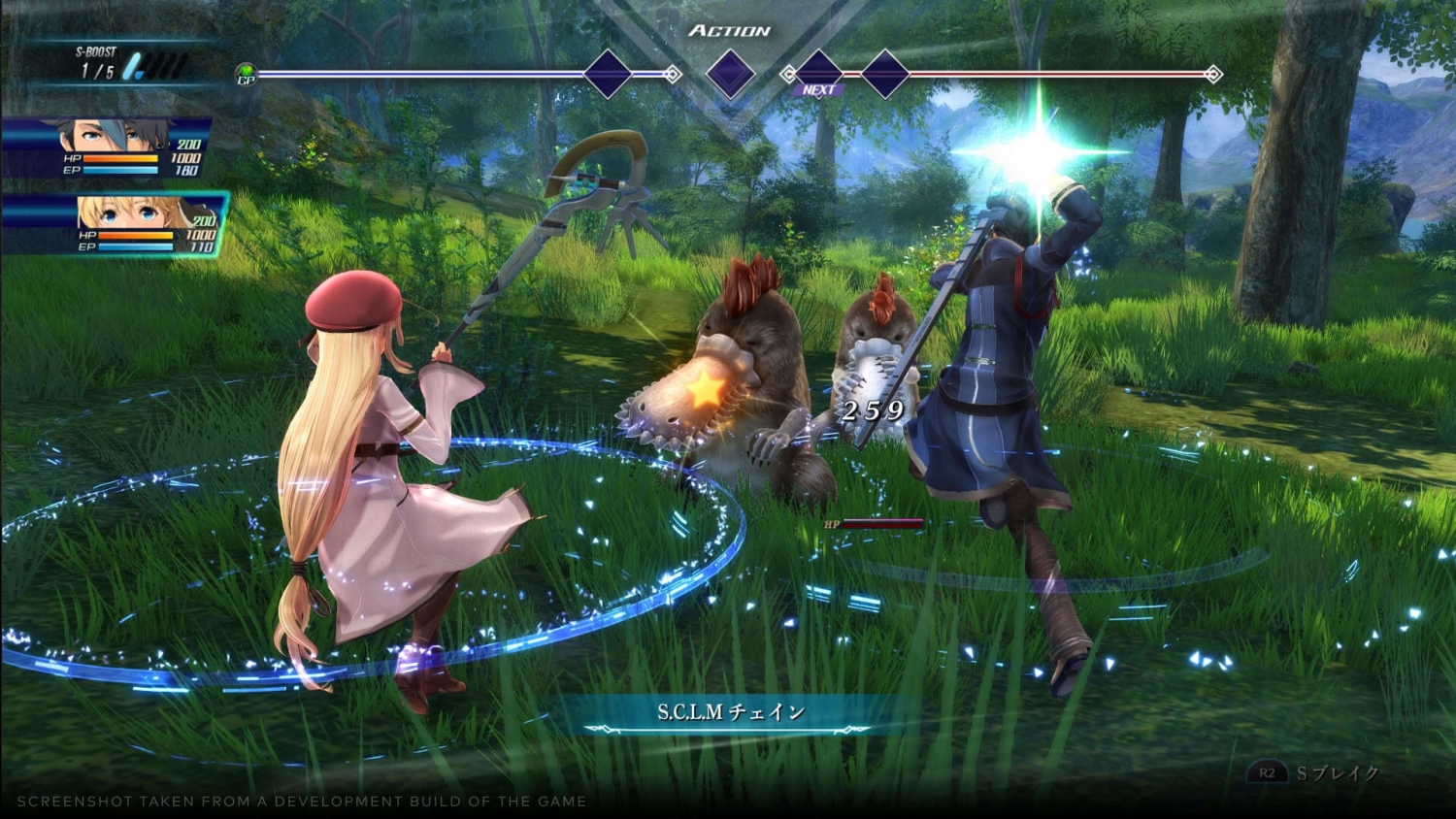 Two characters perform attacks on large bird-like creatures in a lush forest setting during turn-based combat