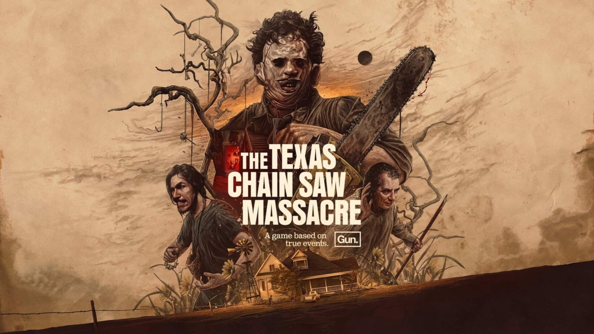 Promotional artwork for The Texas Chain Saw Massacre game showing three horror characters and a house