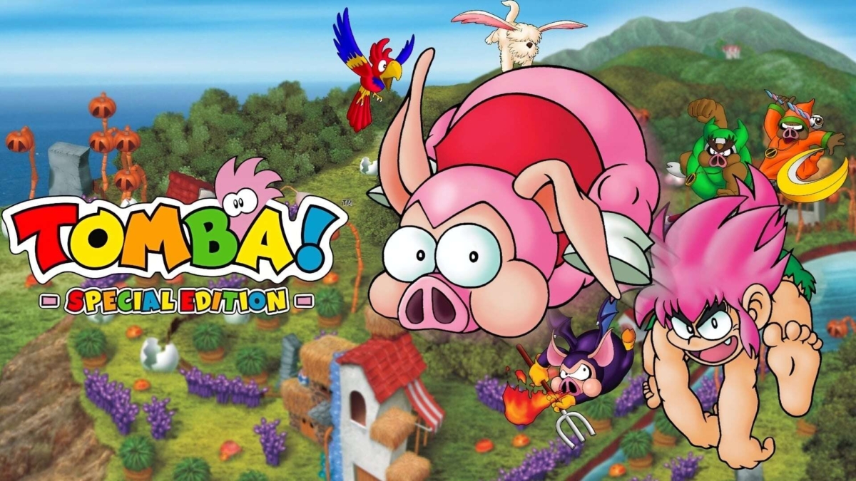 Colourful cartoon characters from Tomba Special Edition game flying over a vibrant island landscape with game logo