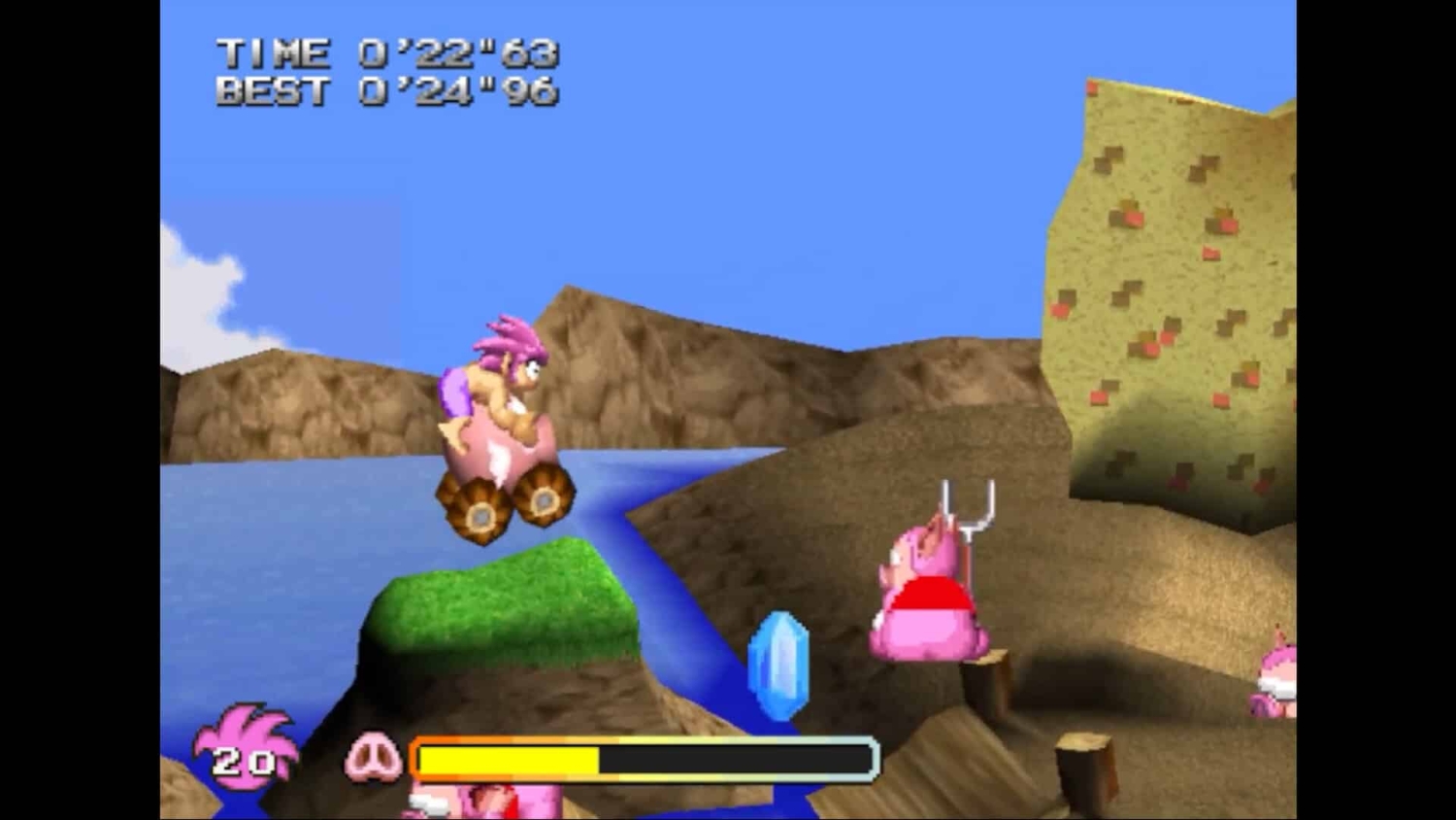 Cartoon character riding a pig-shaped vehicle over rocky cliffs with blue water below in a 3D game scene