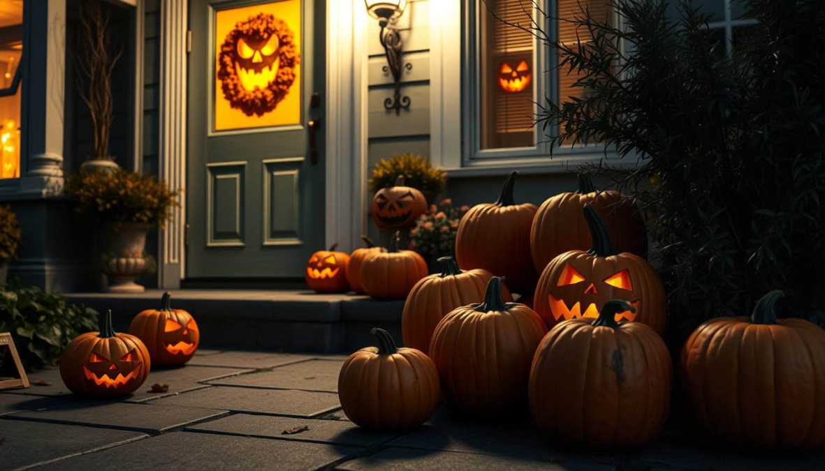 Glowing carved pumpkins arranged on front porch and steps at dusk with a jack-o'-lantern decoration on the door