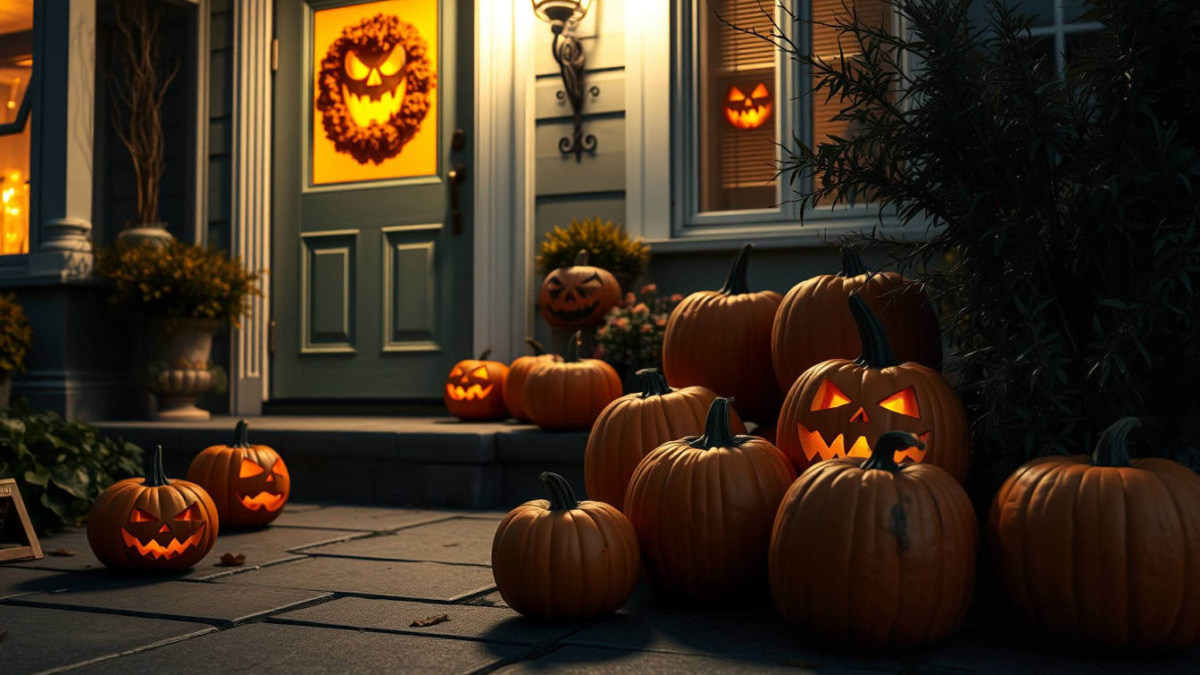 Glowing carved pumpkins arranged on front porch and steps at dusk with a jack-o'-lantern decoration on the door